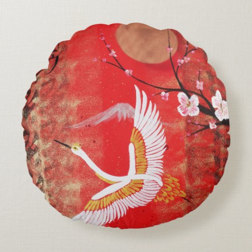 Japanese crane sun Japan sakura red painting Round Pillow