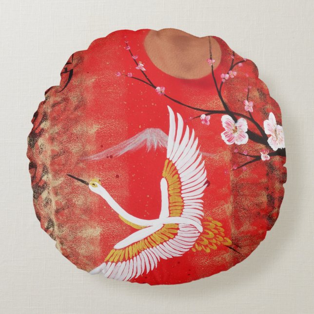 Japanese crane sun Japan sakura red painting Round Pillow (Front)