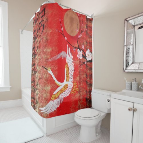 Japanese crane sun Japan sakura red painting Shower Curtain