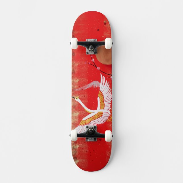 Japanese crane sun Japan sakura red painting Skateboard (Front)