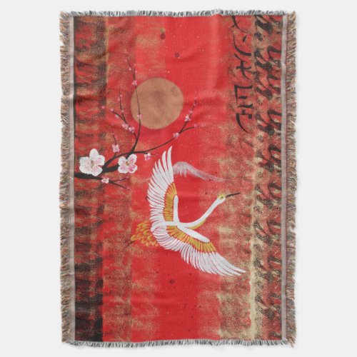 Japanese crane sun Japan sakura red painting Throw Blanket