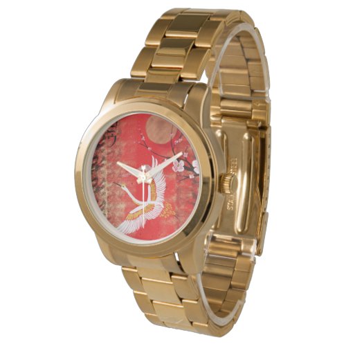 Japanese crane sun Japan sakura red painting Watch