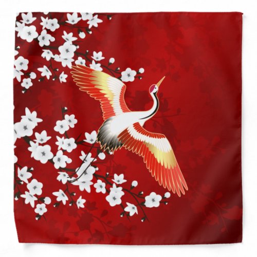 Japanese Crane White Cherry Blossom Red Bandana