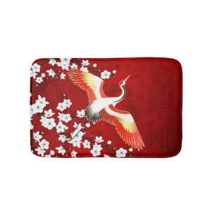 Japanese Crane White Cherry Blossom Red Bath Mat