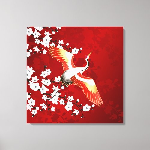 Japanese Crane White Cherry Blossom Red Canvas Print