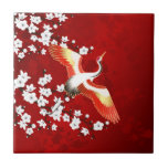 Japanese Crane White Cherry Blossom Red Ceramic Tile at Zazzle