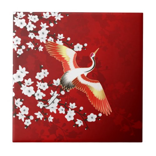 Japanese Crane White Cherry Blossom Red Ceramic Tile