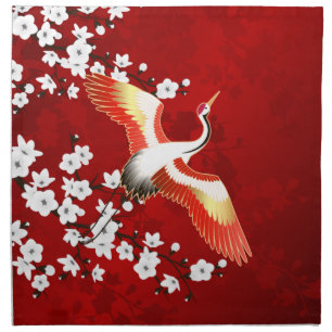Japanese Crane White Cherry Blossom Red Cloth Napkin