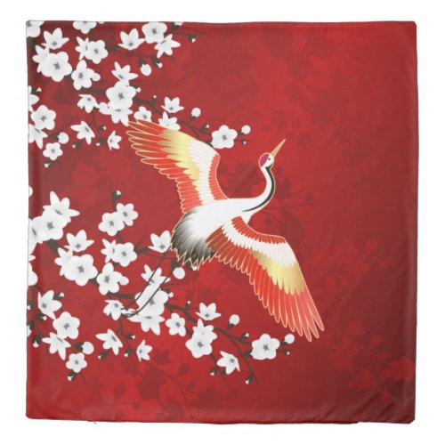 Japanese Crane White Cherry Blossom Red Duvet Cover