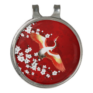 Japanese Crane White Cherry Blossom Red Golf Hat Clip