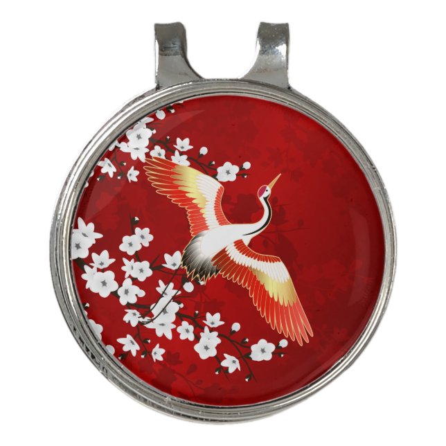 Japanese Crane White Cherry Blossom Red Golf Hat Clip (Front)