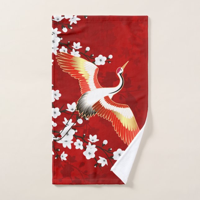 Japanese Crane White Cherry Blossom Red Hand Towel (Hand Towel)