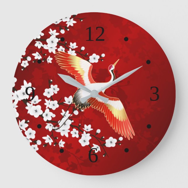 Japanese Crane White Cherry Blossom Red Large Clock (Front)