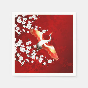 Japanese Crane White Cherry Blossom Red Napkins