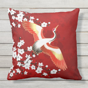 Japanese Crane White Cherry Blossom Red Outdoor Pillow