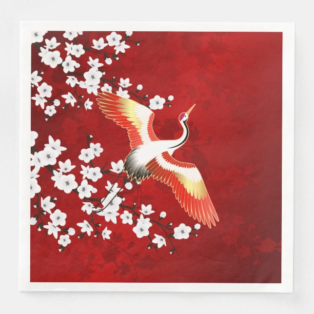 Japanese Crane White Cherry Blossom Red Paper Dinner Napkins (Front)