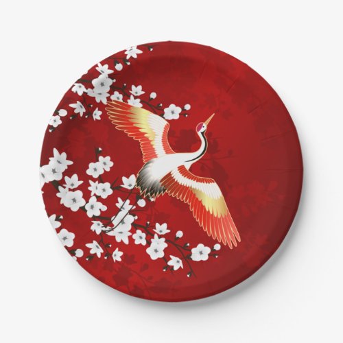 Japanese Crane White Cherry Blossom Red Paper Plates