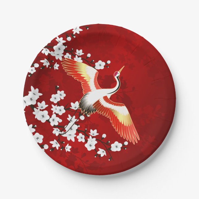 Japanese Crane White Cherry Blossom Red Paper Plates (Front)