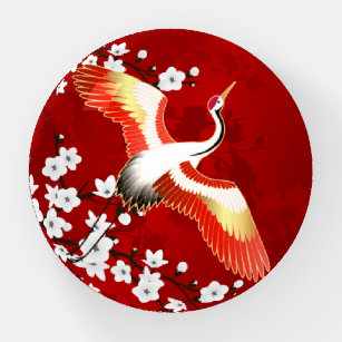 Japanese Crane White Cherry Blossom Red Paperweight