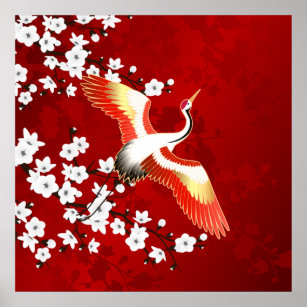 Japanese Crane White Cherry Blossom Red Poster