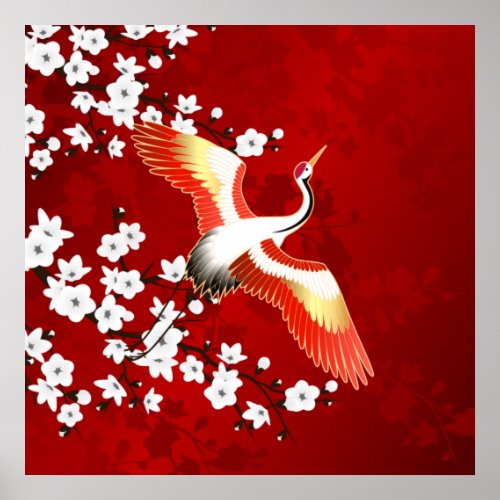 Japanese Crane White Cherry Blossom Red Poster