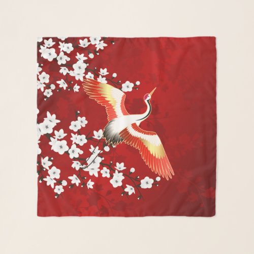 Japanese Crane White Cherry Blossom Red Scarf