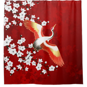 Japanese Crane White Cherry Blossom Red Shower Curtain