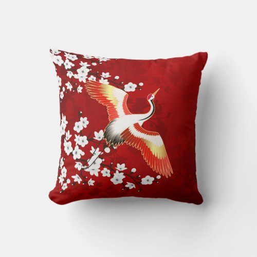 Japanese Crane White Cherry Blossom Red Throw Pillow