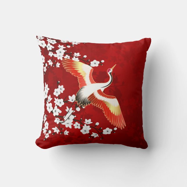 Japanese Crane White Cherry Blossom Red Throw Pillow (Front)