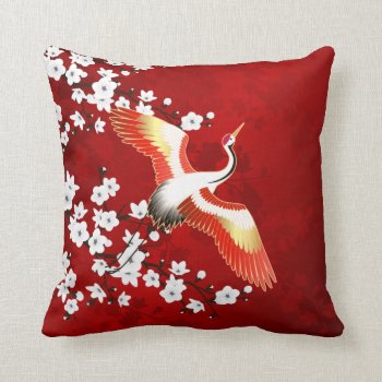 Japanese Crane White Cherry Blossom Red Throw Pillow by NinaBaydur at Zazzle