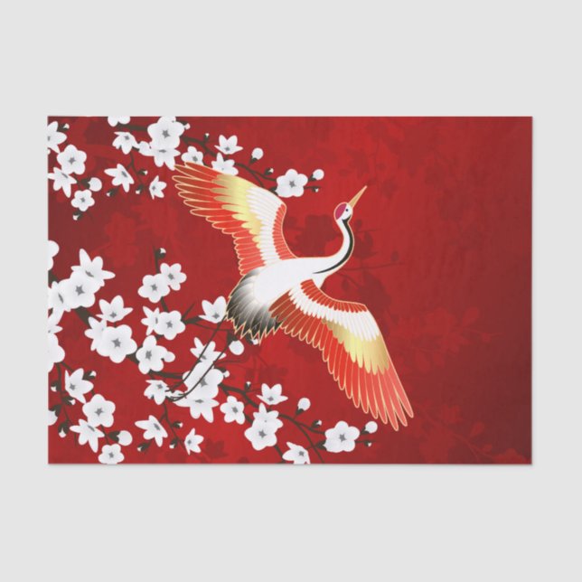 Japanese Crane White Cherry Blossom Red Tissue Paper (Front)