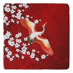 Japanese Crane White Cherry Blossom Red Trivet