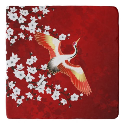 Japanese Crane White Cherry Blossom Red Trivet