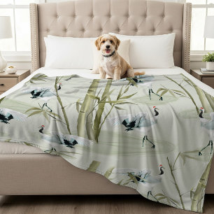 Japanese Cranes and Bamboo Watercolor Pattern Fleece Blanket