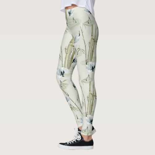 Japanese Cranes and Bamboo Watercolor Pattern Leggings