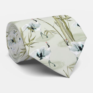 Japanese Cranes and Bamboo Watercolor Pattern Neck Tie