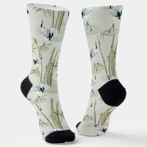 Japanese Cranes and Bamboo Watercolor Pattern Socks
