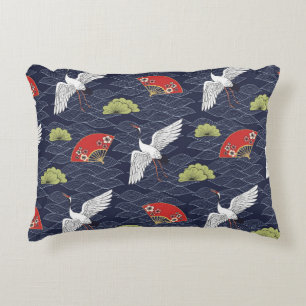 Japanese Cranes and Fans: Vintage Pattern Accent Pillow