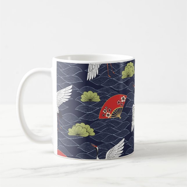 Japanese Cranes and Fans: Vintage Pattern Coffee Mug (Left)