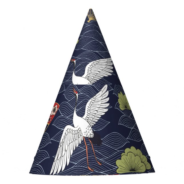 Japanese Cranes and Fans: Vintage Pattern Party Hat (Front)