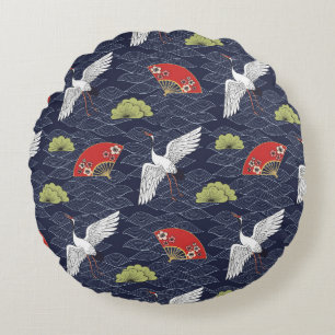 Japanese Cranes and Fans: Vintage Pattern Round Pillow