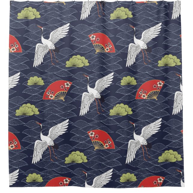 Japanese Cranes and Fans: Vintage Pattern Shower Curtain (Front)