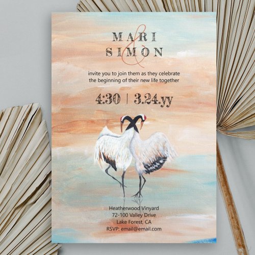 Japanese Cranes Beige Turquoise Wedding Invitation