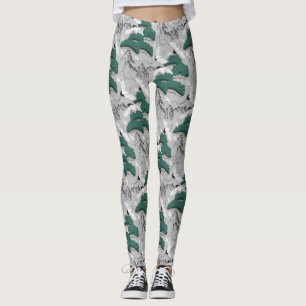 Japanese Cranes Birds Gray Green Artistic Pattern Leggings