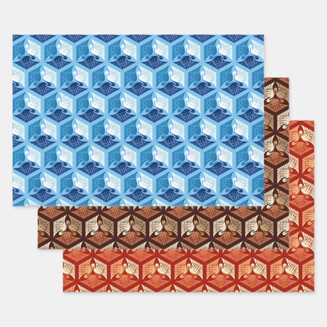Japanese Cranes, Blue & White, Brown, Orange Wrapping Paper Sheets (Set)