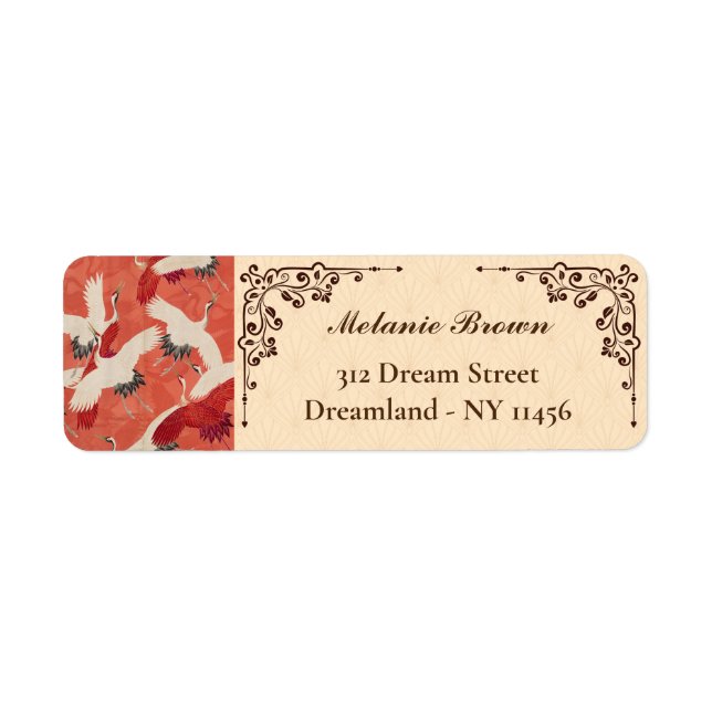 Japanese Cranes Burnt Orange Kimono Art Label (Front)