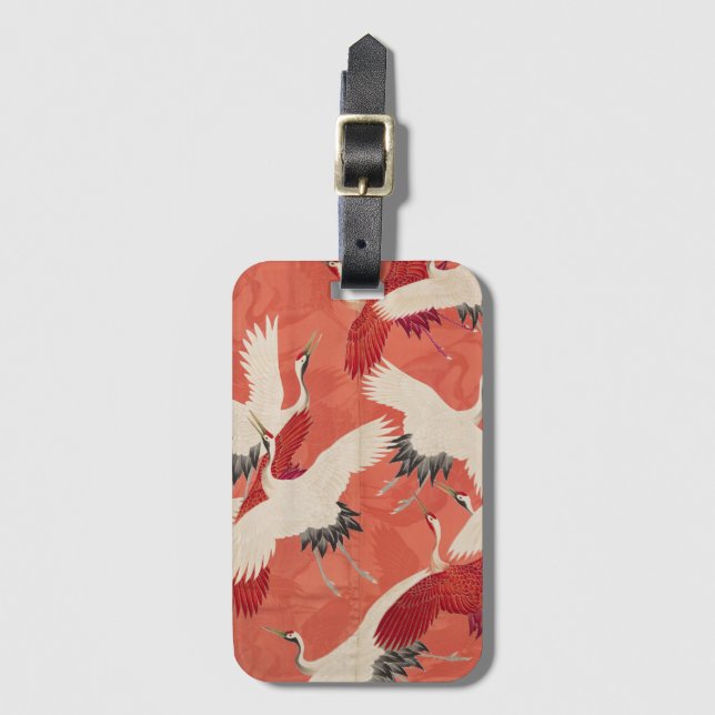 Japanese Cranes Burnt Orange Kimono Fabric Art Luggage Tag (Front Vertical)