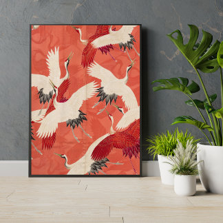 Japanese Cranes Burnt Orange Kimono Fabric Art Poster