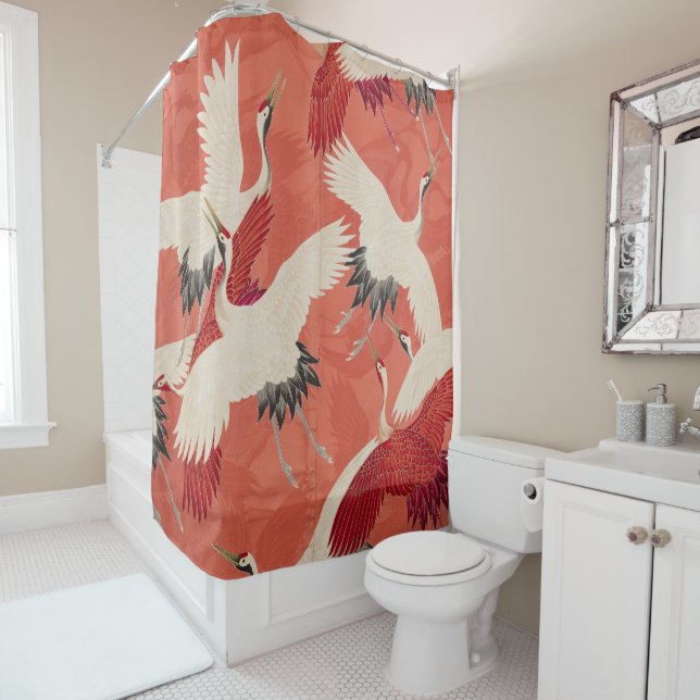 Japanese Cranes Burnt Orange Kimono Fabric Art Shower Curtain (In Situ)