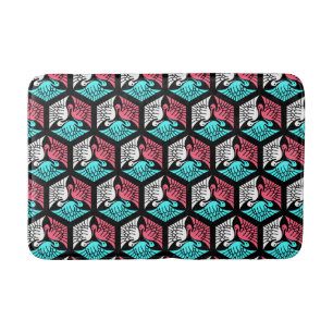 Japanese Cranes, Coral, Turquoise and Black Bathroom Mat
